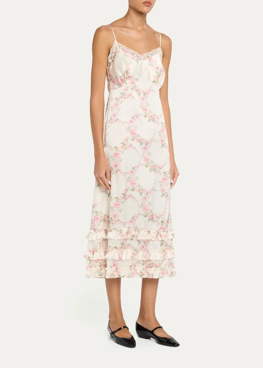 Simone Rocha Floral Satin Tiered Ruffle Midi Slip Dress | Thumbnail 4
