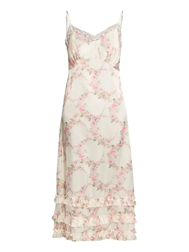 Floral Satin Tiered Ruffle Midi Slip Dress