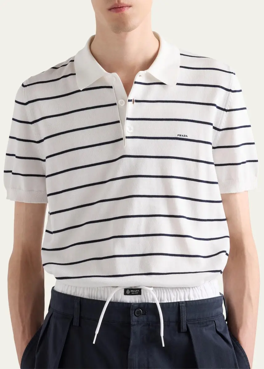Prada Men's Cotton Knit Pinstripe Polo Shirt | Thumbnail 4