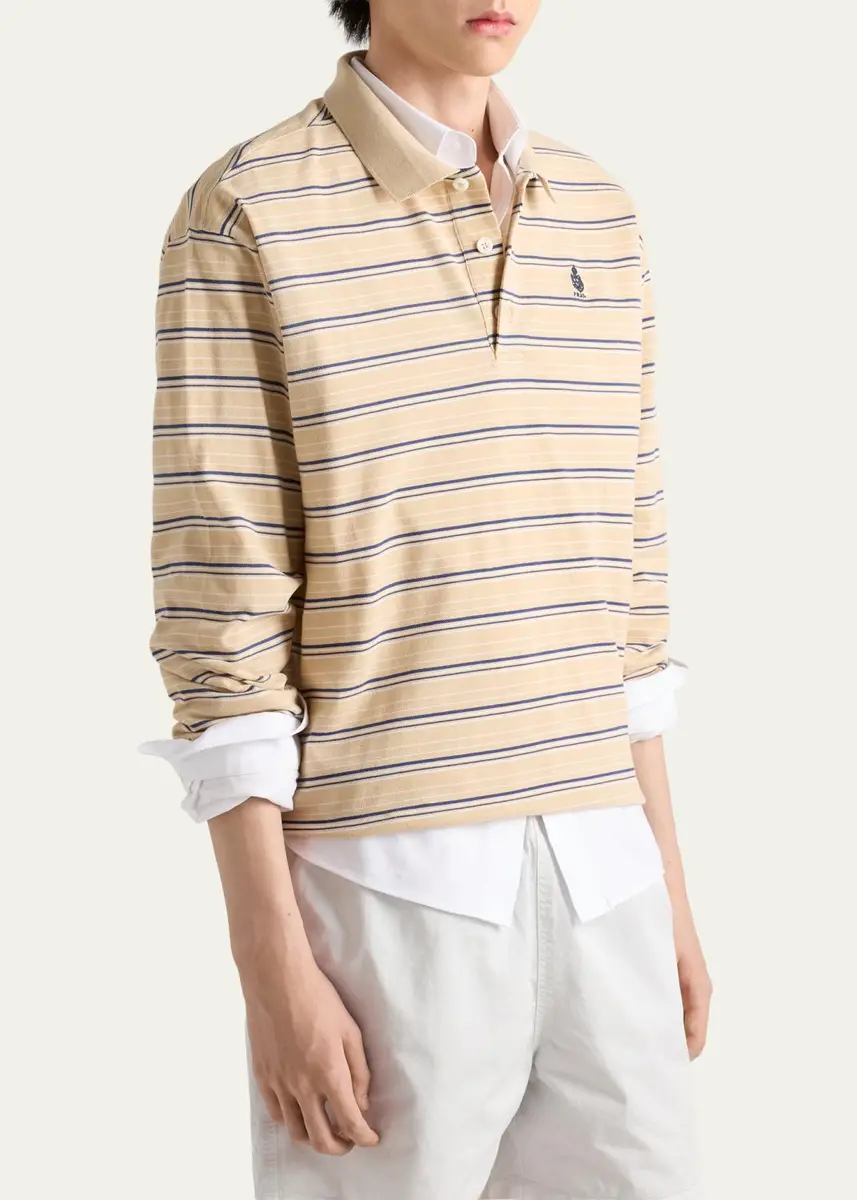 Prada Men's Piquet Stripe Long-Sleeve Polo Shirt | Thumbnail 4