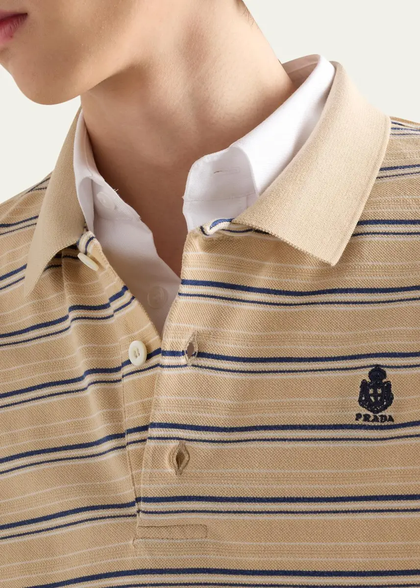 Prada Men's Piquet Stripe Long-Sleeve Polo Shirt | Thumbnail 5