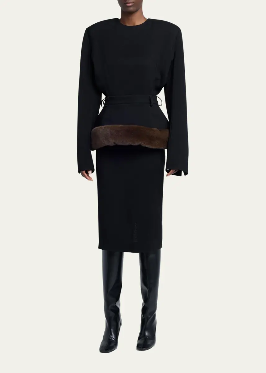 Stella McCartney Long-Sleeve Belted Faux-Fur Peplum Midi Dress | Thumbnail 2