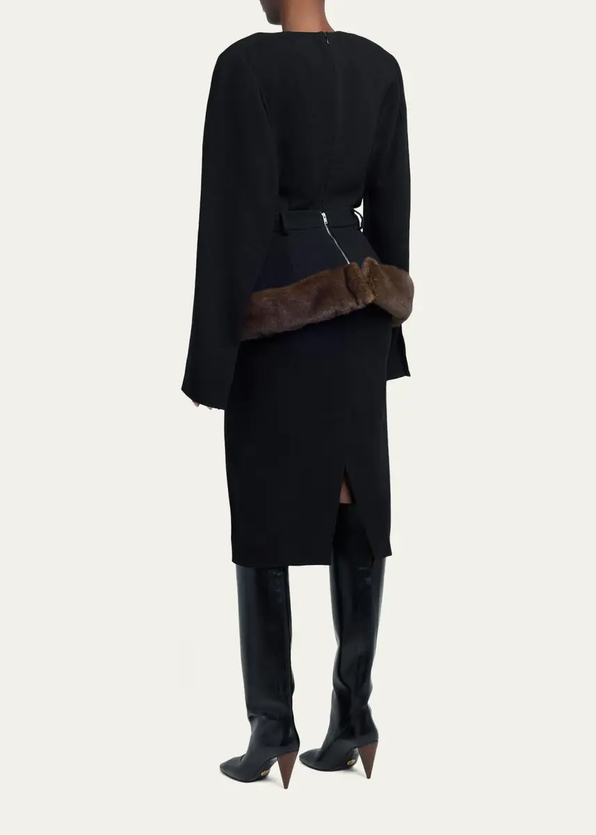 Stella McCartney Long-Sleeve Belted Faux-Fur Peplum Midi Dress | Thumbnail 3