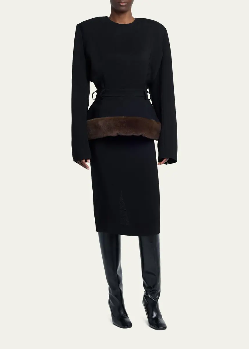 Stella McCartney Long-Sleeve Belted Faux-Fur Peplum Midi Dress | Thumbnail 4