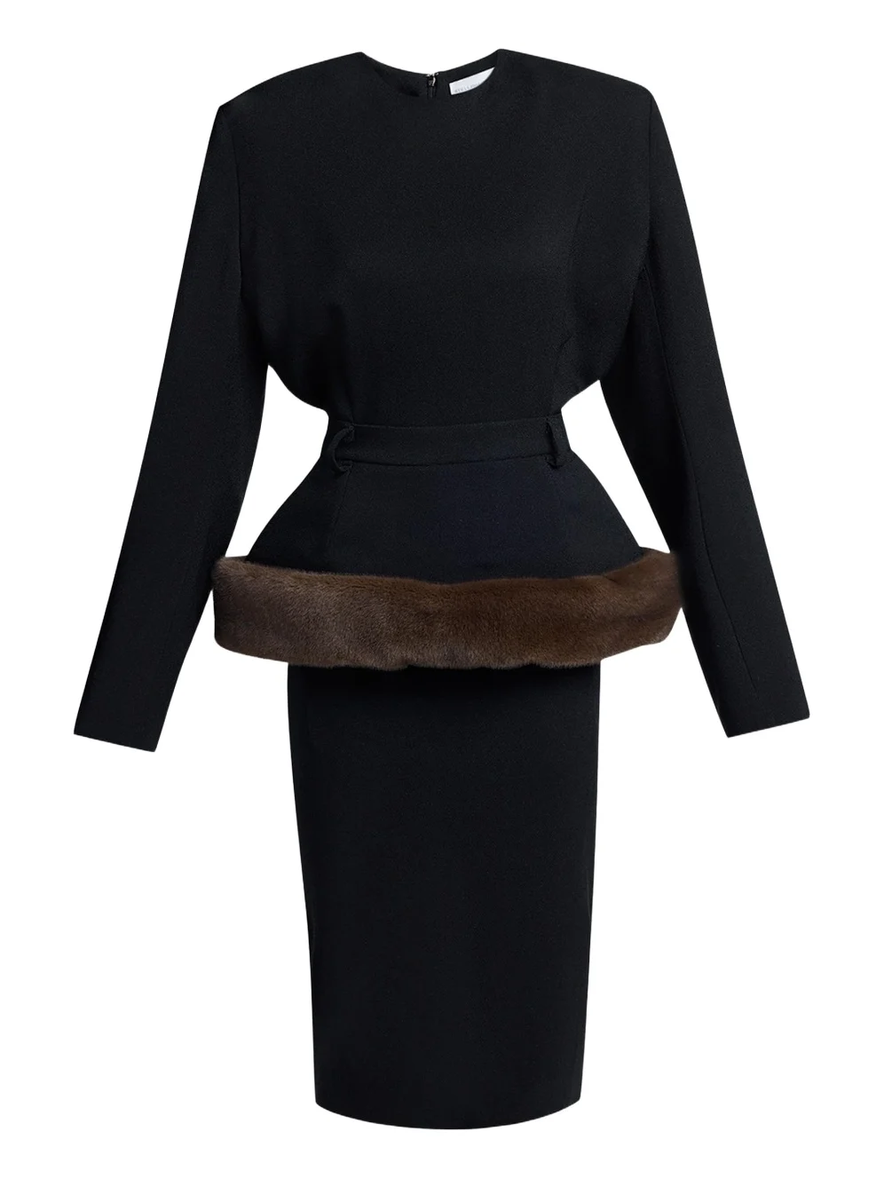 Long-Sleeve Belted Faux-Fur Peplum Midi Dress Long-Sleeve Belted Faux-Fur Peplum Midi Dress
