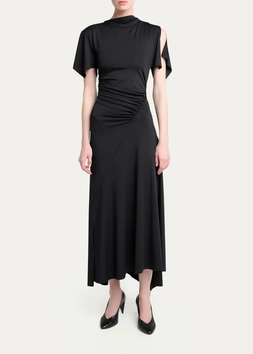 Victoria Beckham Blousey Asymmetric Short-Sleeve Midi Dress | Thumbnail 2