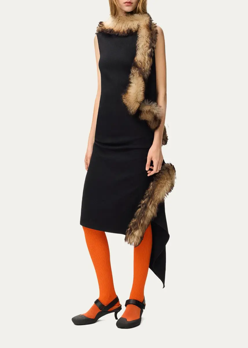 Loewe Lamb Shearling-Trim Draped Asymmetric Midi Dress | Thumbnail 2