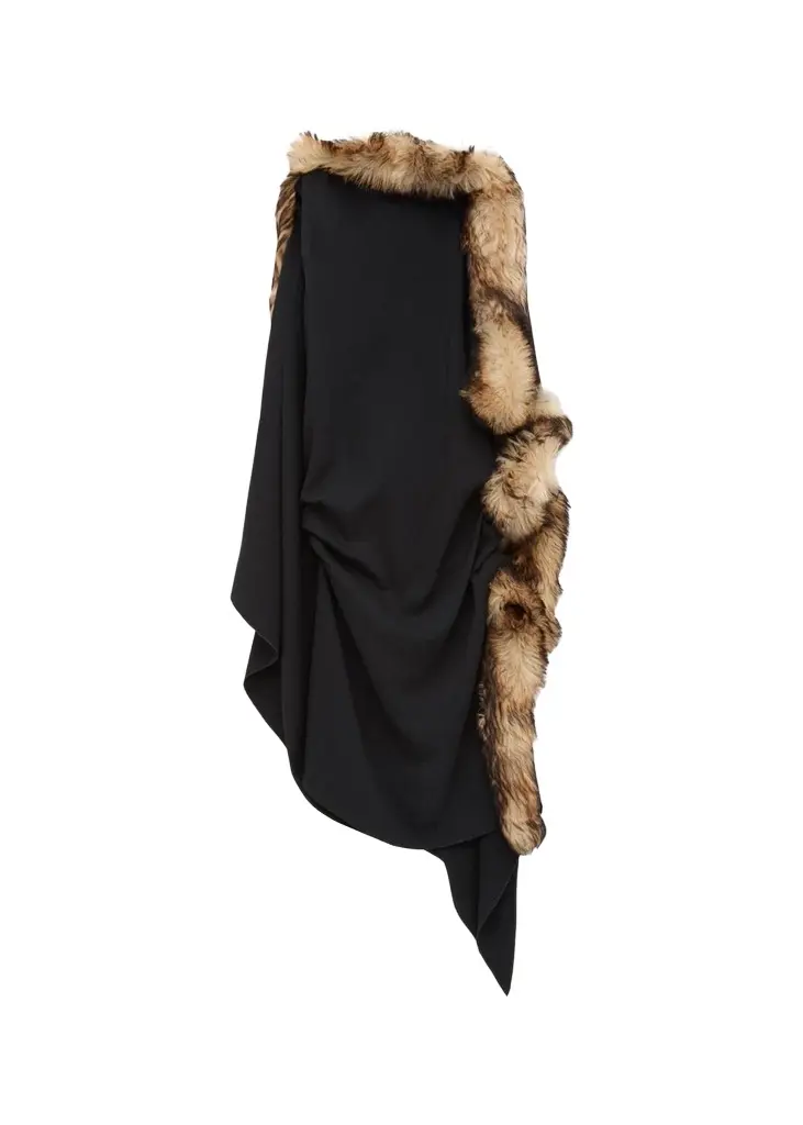 Loewe Lamb Shearling-Trim Draped Asymmetric Midi Dress | Image 1 Loewe Lamb Shearling-Trim Draped Asymmetric Midi Dress | Image 1