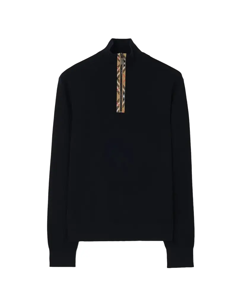 Burberry Men's Cameron Check-Trim Wool Half-Zip Sweater | Image 1 Burberry Men's Cameron Check-Trim Wool Half-Zip Sweater | Image 1