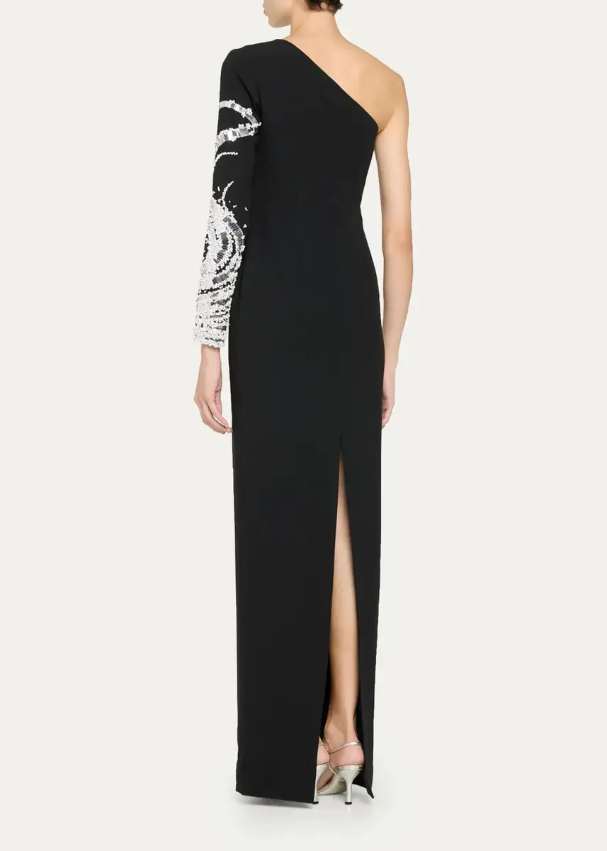 PAMELLA ROLAND One-Shoulder Beaded Crepe Column Gown | Thumbnail 3 PAMELLA ROLAND One-Shoulder Beaded Crepe Column Gown | Thumbnail 3