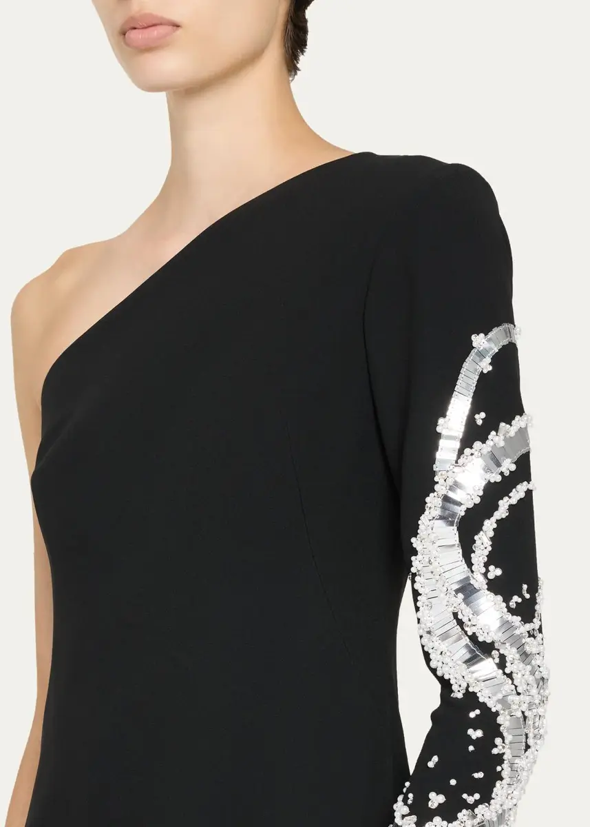 PAMELLA ROLAND One-Shoulder Beaded Crepe Column Gown | Thumbnail 5 PAMELLA ROLAND One-Shoulder Beaded Crepe Column Gown | Thumbnail 5