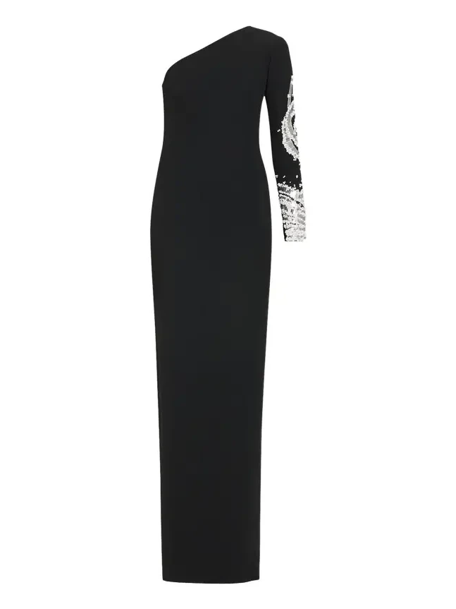One-Shoulder Beaded Crepe Column Gown One-Shoulder Beaded Crepe Column Gown