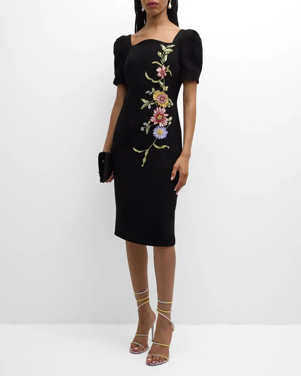 Rickie Freeman for Teri Jon Puff-Sleeve Floral Applique Dress | Thumbnail 2
