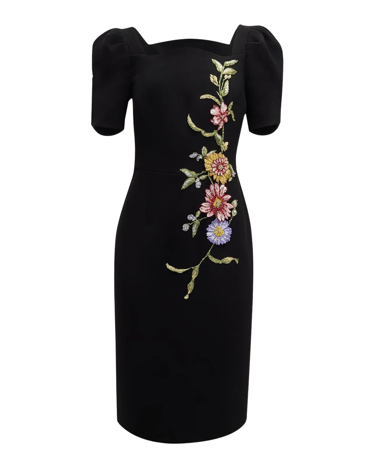 Puff-Sleeve Floral Applique Dress Puff-Sleeve Floral Applique Dress