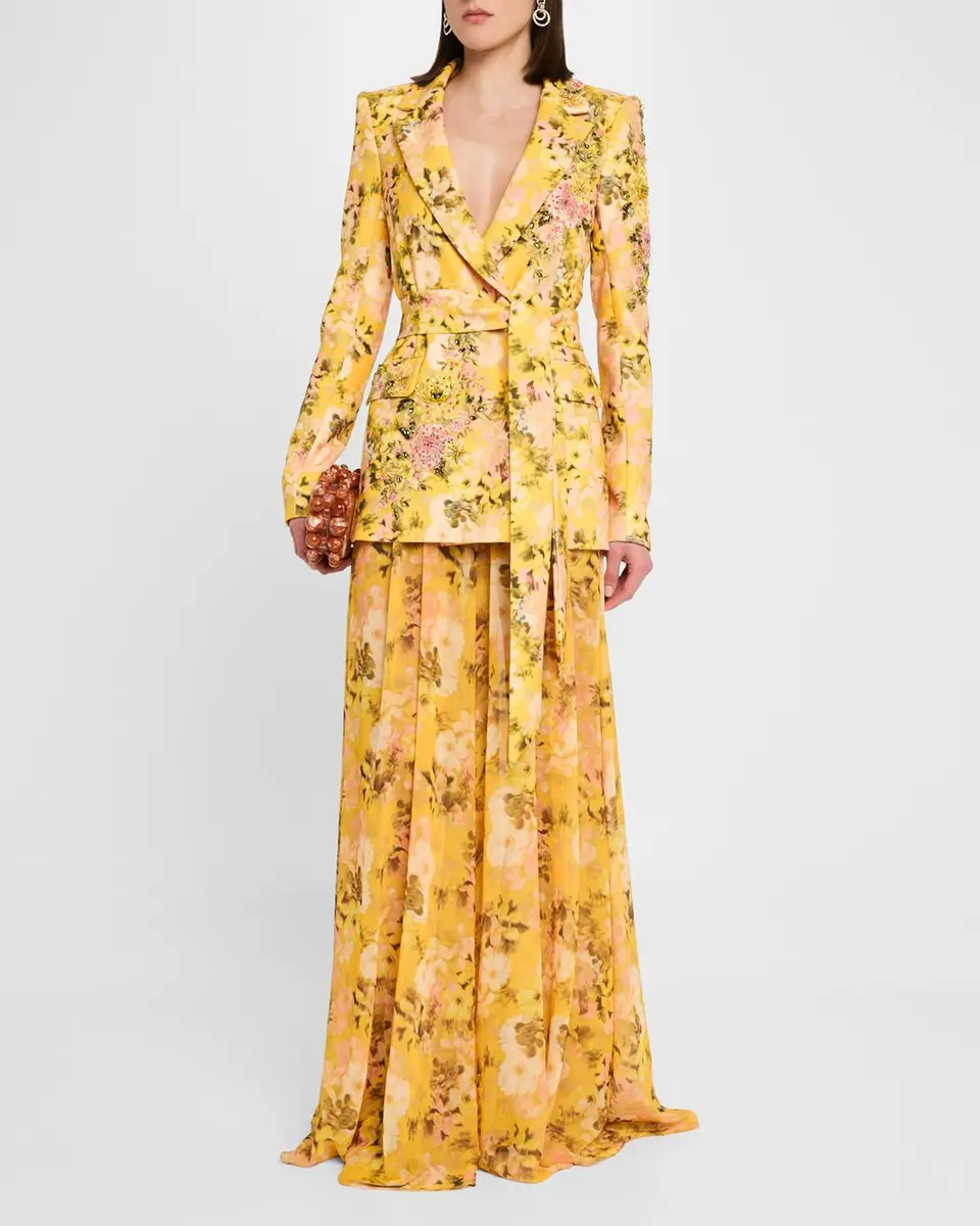 Badgley Mischka Collection Pleated Floral-Print Georgette Palazzo Pants | Thumbnail 2