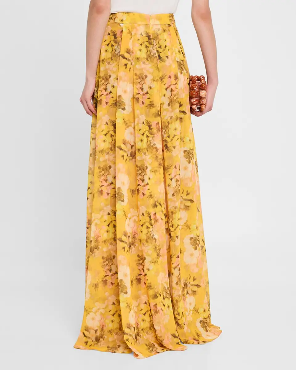 Badgley Mischka Collection Pleated Floral-Print Georgette Palazzo Pants | Thumbnail 3