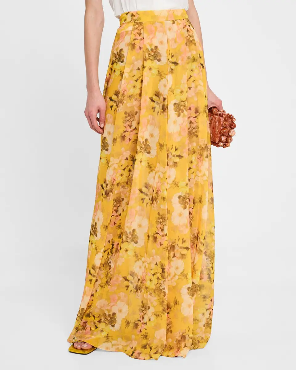 Badgley Mischka Collection Pleated Floral-Print Georgette Palazzo Pants | Thumbnail 4