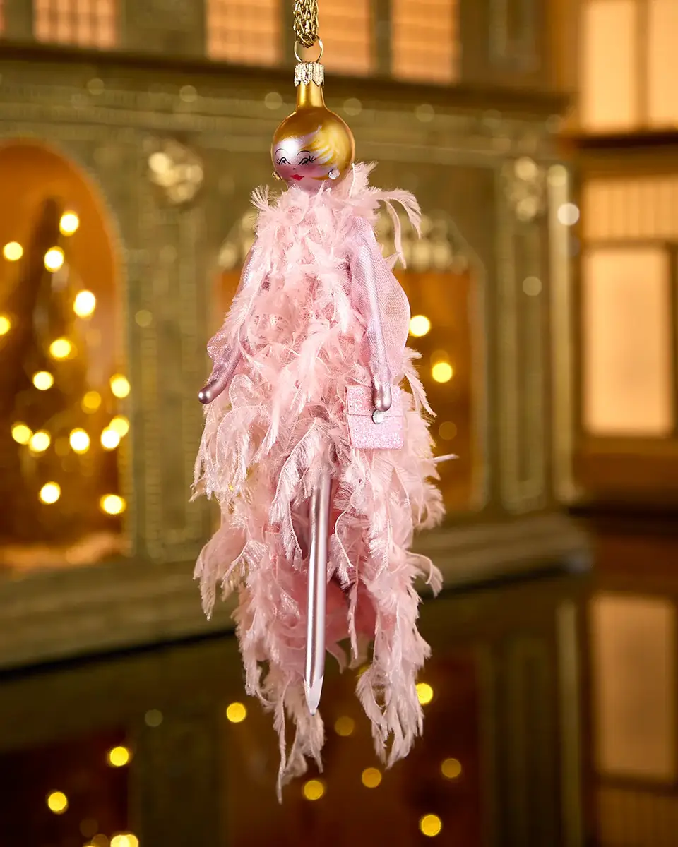 De Carlini Fashionista in Pink Feather Gown Christmas Ornament