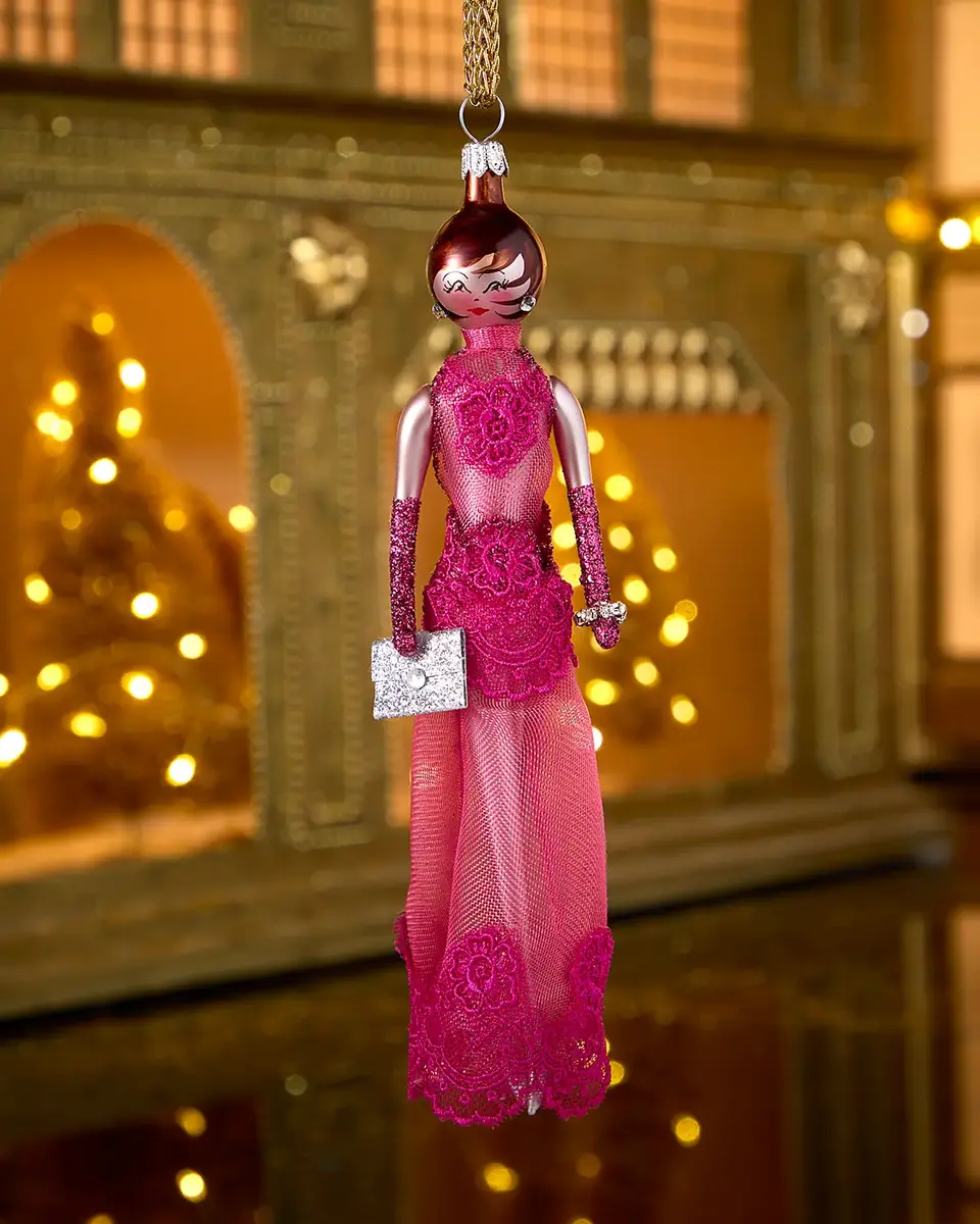 Fashionista in Fuchsia Gown with Lace Christmas Ornament