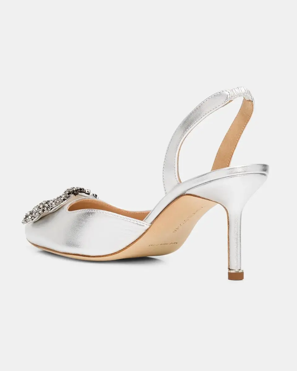 Manolo Blahnik 70mm Hangisli Metallic Leather Slingback Pumps with Crystal Buckle | Thumbnail 2