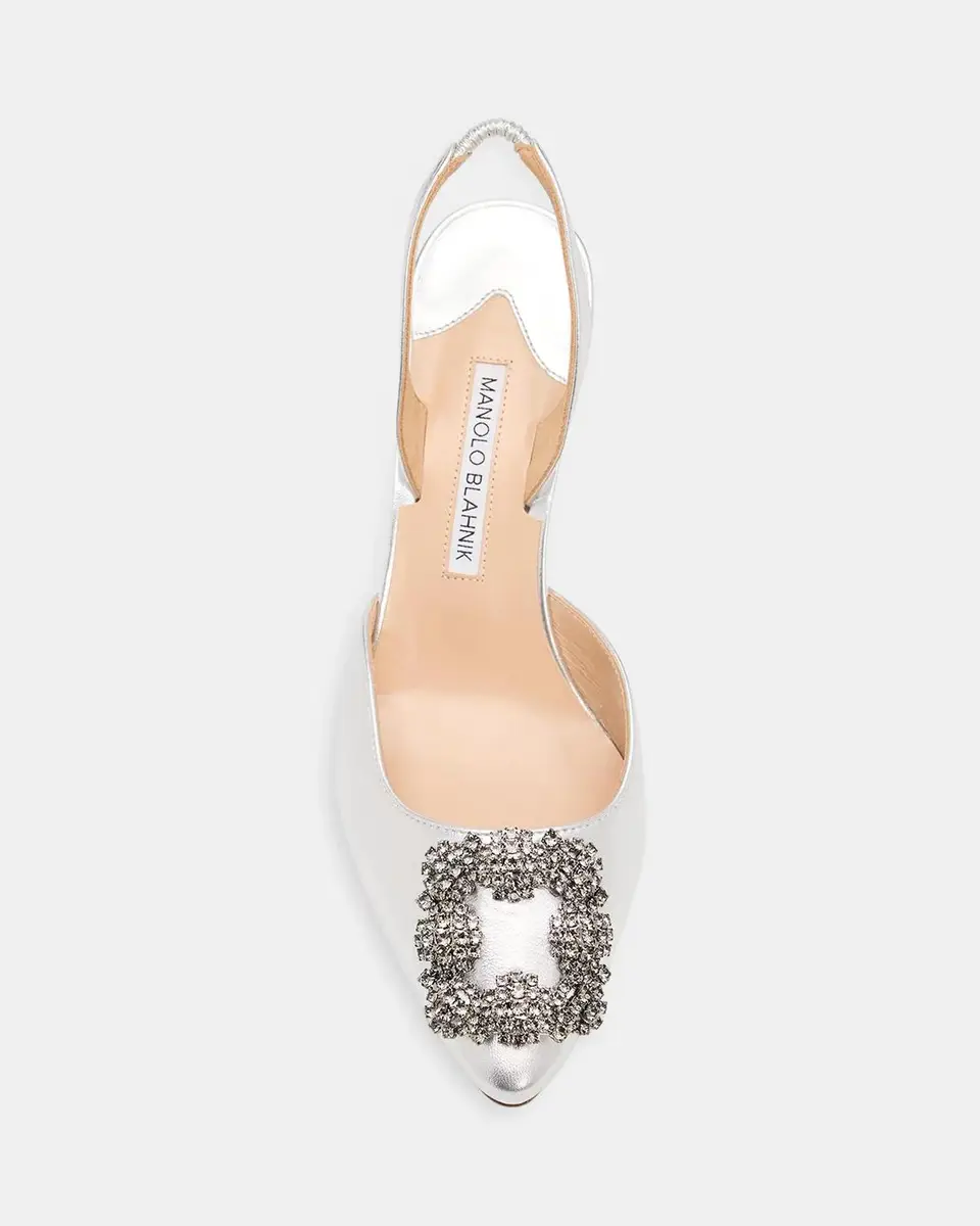 Manolo Blahnik 70mm Hangisli Metallic Leather Slingback Pumps with Crystal Buckle | Thumbnail 4