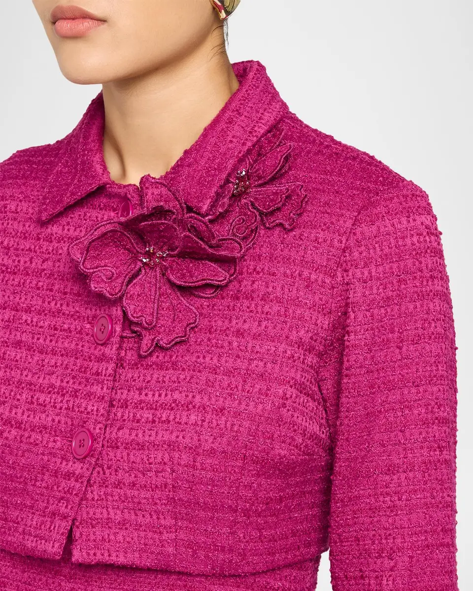 Rickie Freeman for Teri Jon 3D Flower Appliqué Bouclé Cropped Jacket | Thumbnail 5