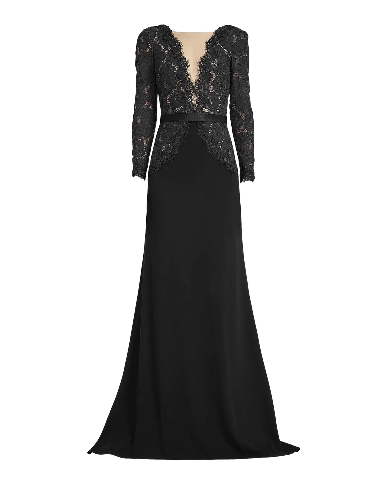 Tadashi Shoji Plunging Illusion Lace & Crepe Gown