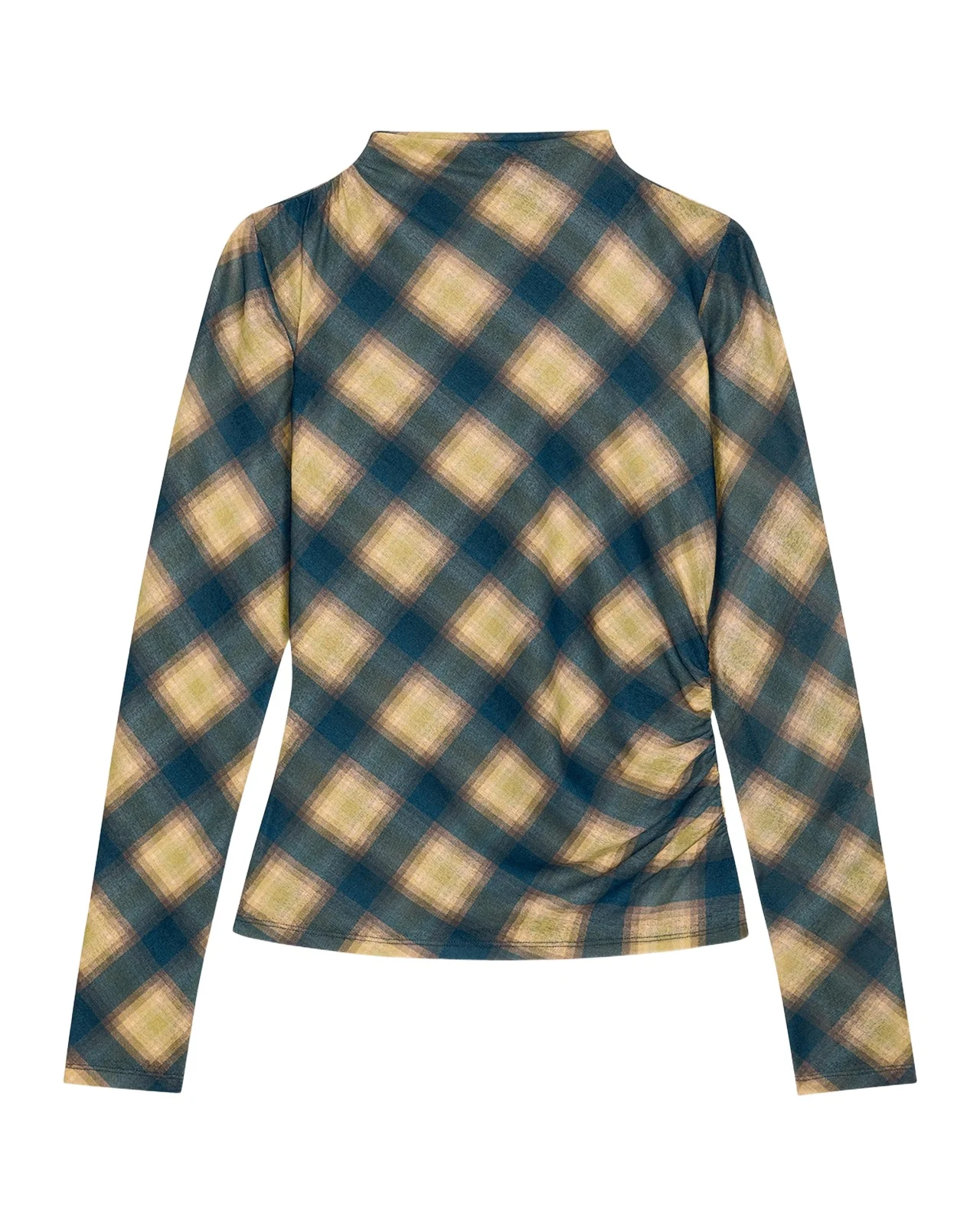 Joelle Asymmetric Ruched Plaid Top
