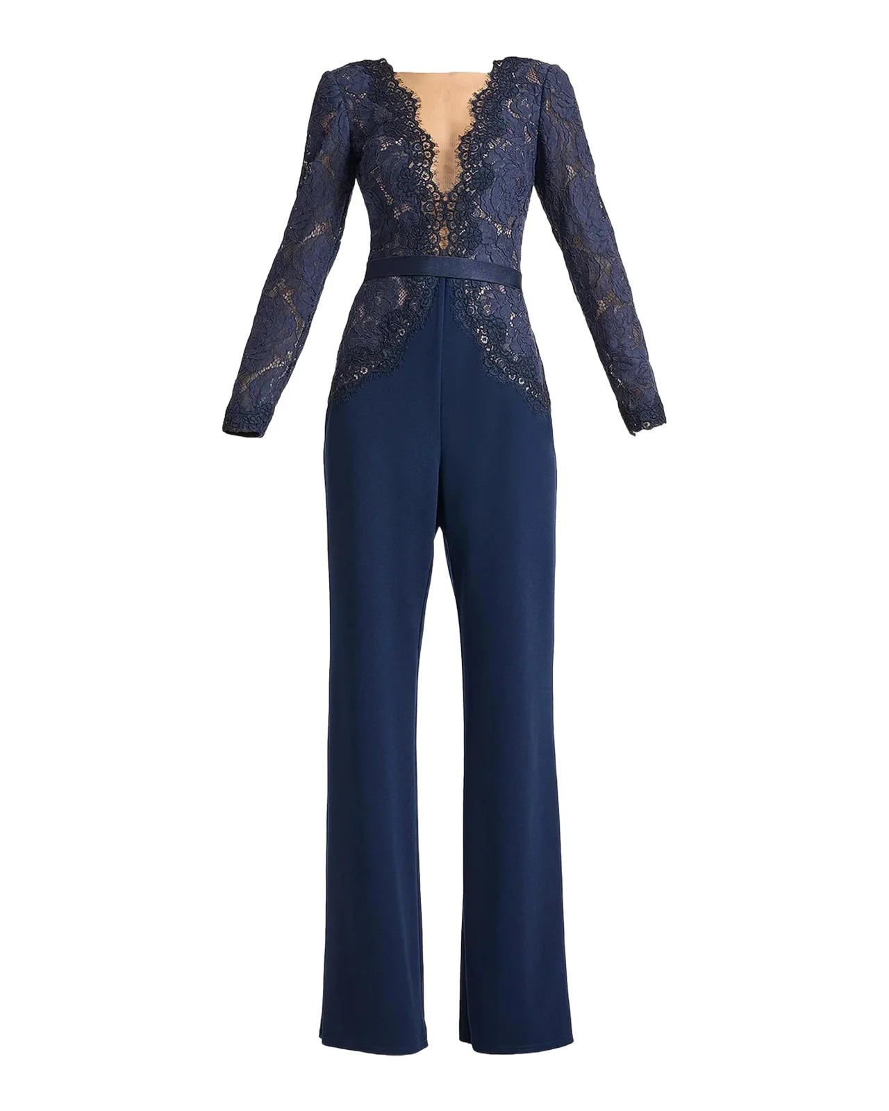 Tadashi Shoji Amaris Plunging Illusion Lace & Crepe Jumpsuit