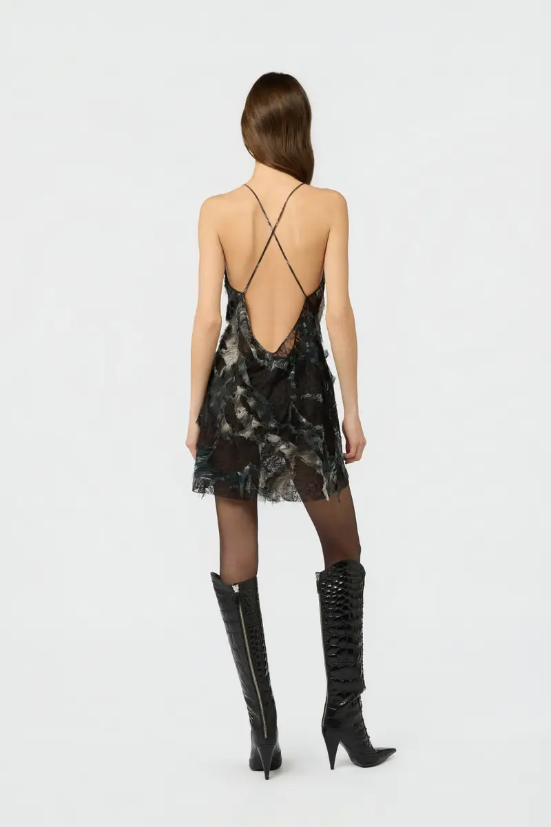 Roberto Cavalli Mini Dress with Fur Print on Destroyed-Effect Lace | Thumbnail 3