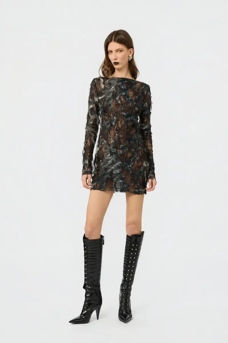 Roberto Cavalli Mini Dress with Fur Print on Destroyed-Effect Lace | Thumbnail 2 Roberto Cavalli Mini Dress with Fur Print on Destroyed-Effect Lace | Thumbnail 2