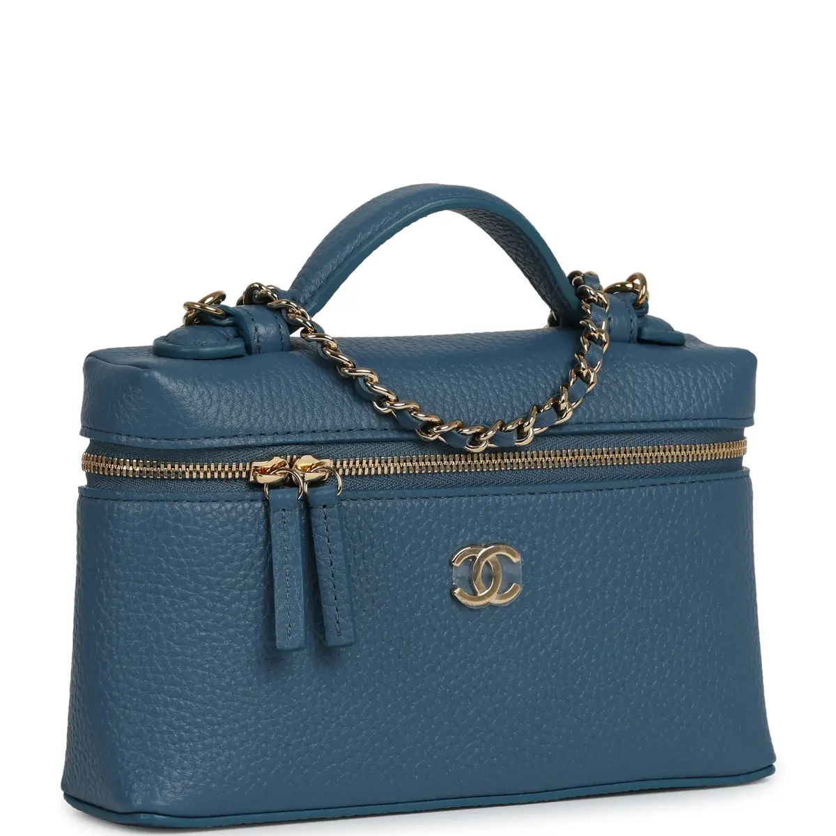 Chanel Chanel "Supple" Top Handle Long Vanity Case with Chain Dark Blue Grained Calfskin Gold Hardware | Thumbnail 2 Chanel Chanel "Supple" Top Handle Long Vanity Case with Chain Dark Blue Grained Calfskin Gold Hardware | Thumbnail 2