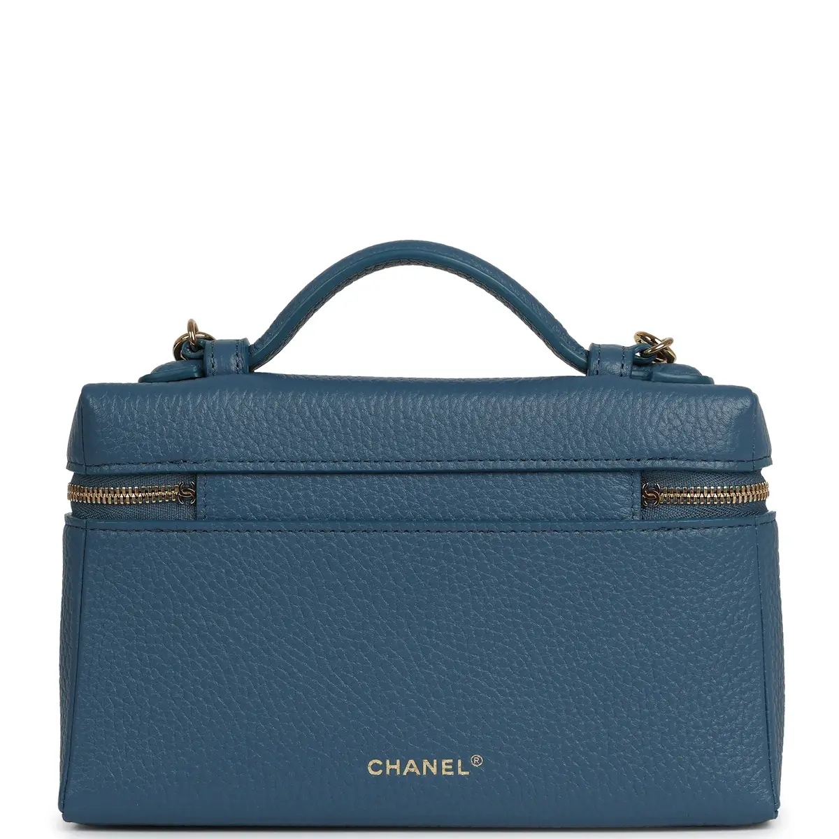 Chanel Chanel "Supple" Top Handle Long Vanity Case with Chain Dark Blue Grained Calfskin Gold Hardware | Thumbnail 4 Chanel Chanel "Supple" Top Handle Long Vanity Case with Chain Dark Blue Grained Calfskin Gold Hardware | Thumbnail 4