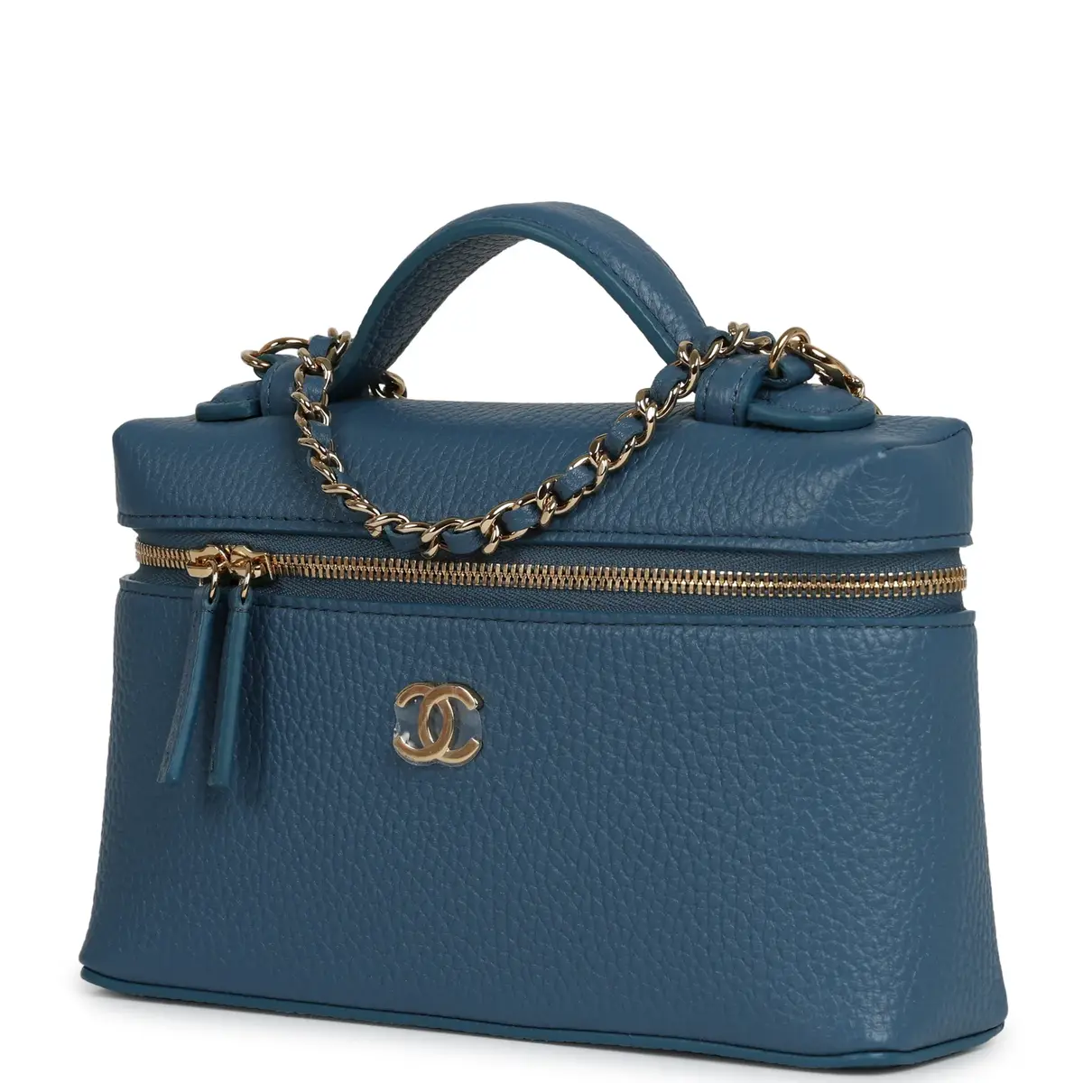 Chanel Chanel "Supple" Top Handle Long Vanity Case with Chain Dark Blue Grained Calfskin Gold Hardware | Thumbnail 5 Chanel Chanel "Supple" Top Handle Long Vanity Case with Chain Dark Blue Grained Calfskin Gold Hardware | Thumbnail 5