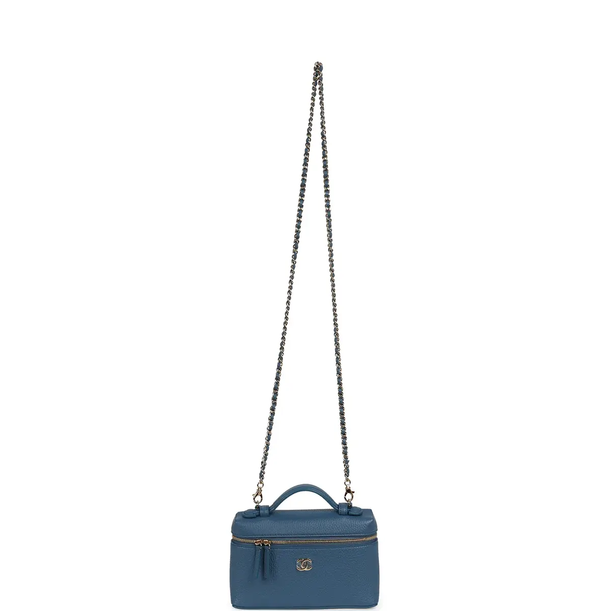 Chanel Chanel "Supple" Top Handle Long Vanity Case with Chain Dark Blue Grained Calfskin Gold Hardware | Thumbnail 7 Chanel Chanel "Supple" Top Handle Long Vanity Case with Chain Dark Blue Grained Calfskin Gold Hardware | Thumbnail 7