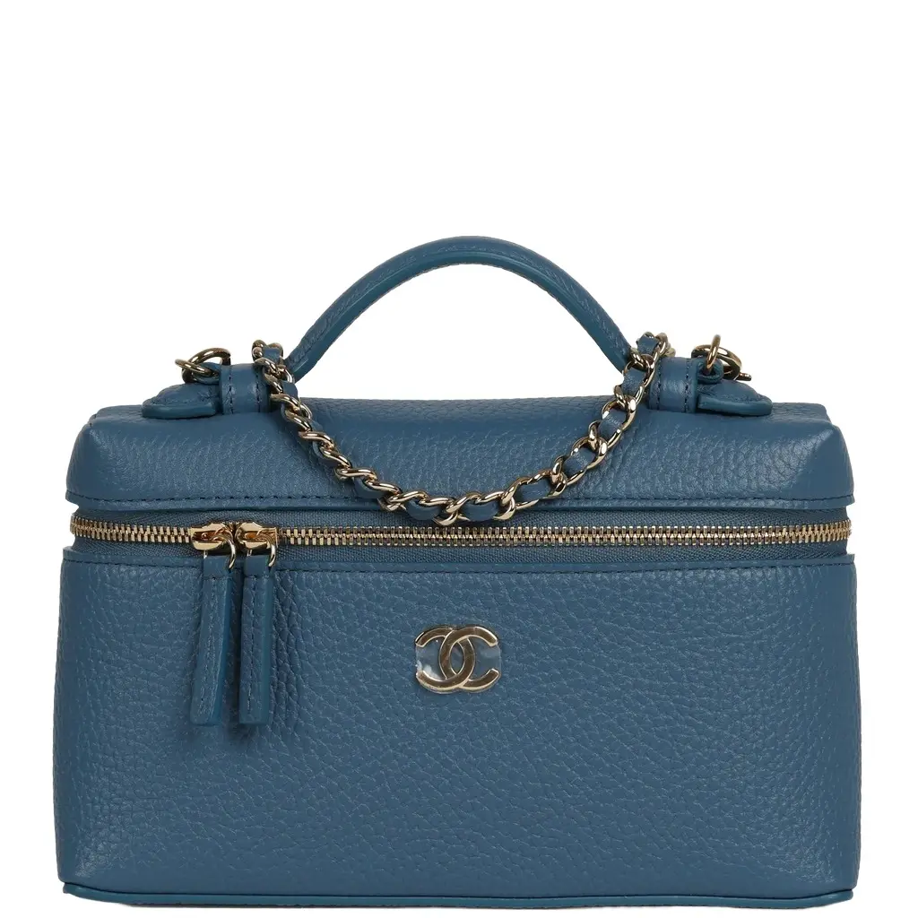 Chanel Chanel "Supple" Top Handle Long Vanity Case with Chain Dark Blue Grained Calfskin Gold Hardware | Image 1 Chanel Chanel "Supple" Top Handle Long Vanity Case with Chain Dark Blue Grained Calfskin Gold Hardware | Image 1