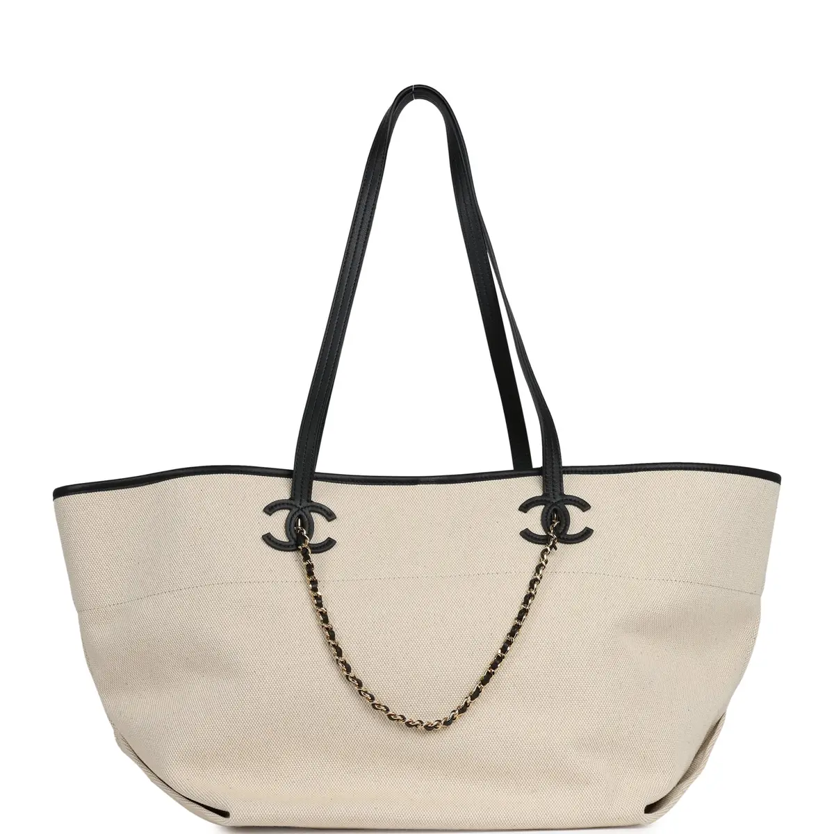 Chanel Chanel Large CC Shopping Tote Bag Ecru Canvas, Black Calfskin Gold Hardware | Thumbnail 4 Chanel Chanel Large CC Shopping Tote Bag Ecru Canvas, Black Calfskin Gold Hardware | Thumbnail 4