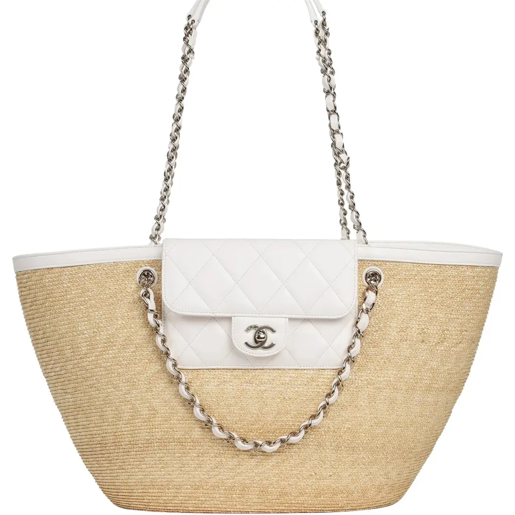 Chanel Chanel Large Shopping Tote Bag Light Beige Raffia, White Lambskin Light Gold Hardware | Image 1 Chanel Chanel Large Shopping Tote Bag Light Beige Raffia, White Lambskin Light Gold Hardware | Image 1