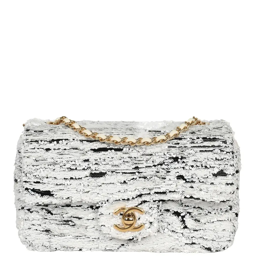 Chanel Chanel Mini Rectangular Flap Bag White, Black Sequins Gold Hardware | Image 1 Chanel Chanel Mini Rectangular Flap Bag White, Black Sequins Gold Hardware | Image 1
