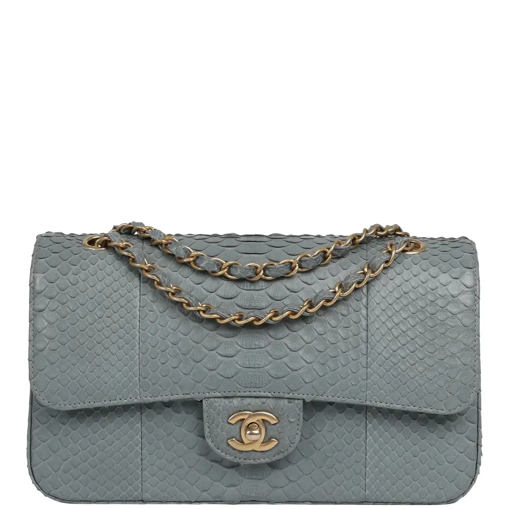 Chanel Pre-owned Chanel Medium Classic Double Flap Bag Grey Python Antique Gold Hardware | Image 1 Chanel Pre-owned Chanel Medium Classic Double Flap Bag Grey Python Antique Gold Hardware | Image 1