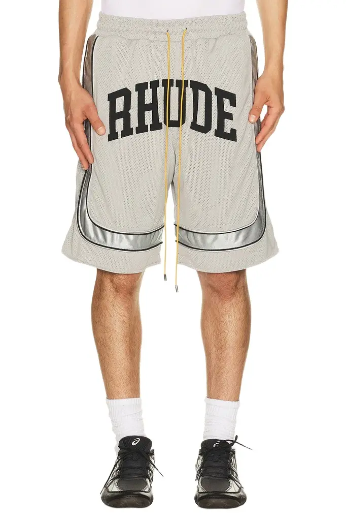 Rhude Baggy Mesh Collegiate Logo Shorts | Image 1 Rhude Baggy Mesh Collegiate Logo Shorts | Image 1