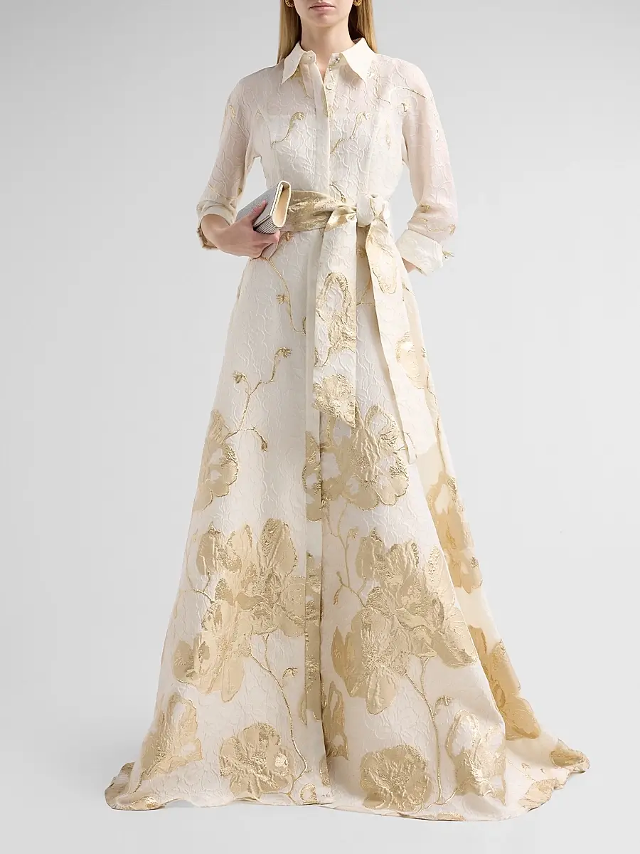 Teri Jon by Rickie Freeman Women's Metallic Jacquard Shirt Gown | Thumbnail 2 Teri Jon by Rickie Freeman Women's Metallic Jacquard Shirt Gown | Thumbnail 2