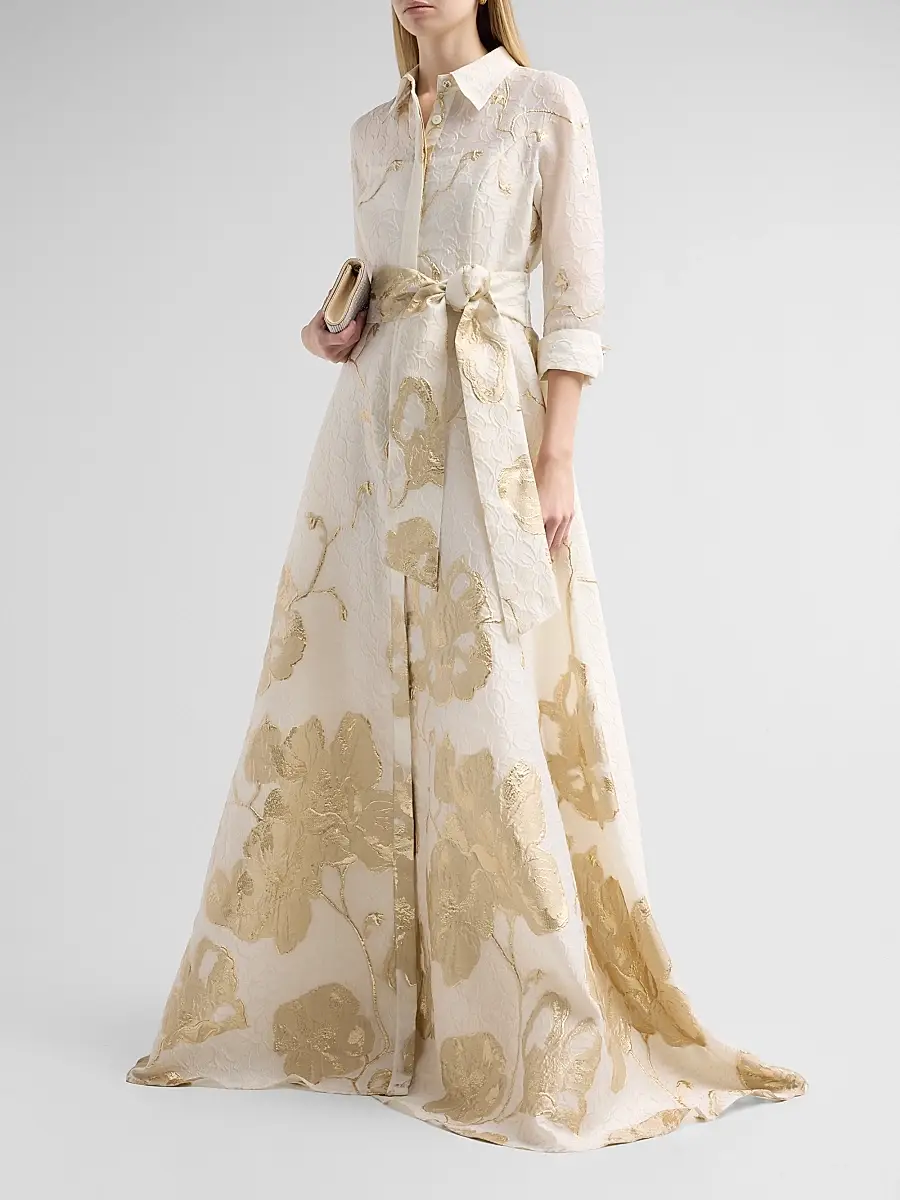 Teri Jon by Rickie Freeman Women's Metallic Jacquard Shirt Gown | Thumbnail 4 Teri Jon by Rickie Freeman Women's Metallic Jacquard Shirt Gown | Thumbnail 4