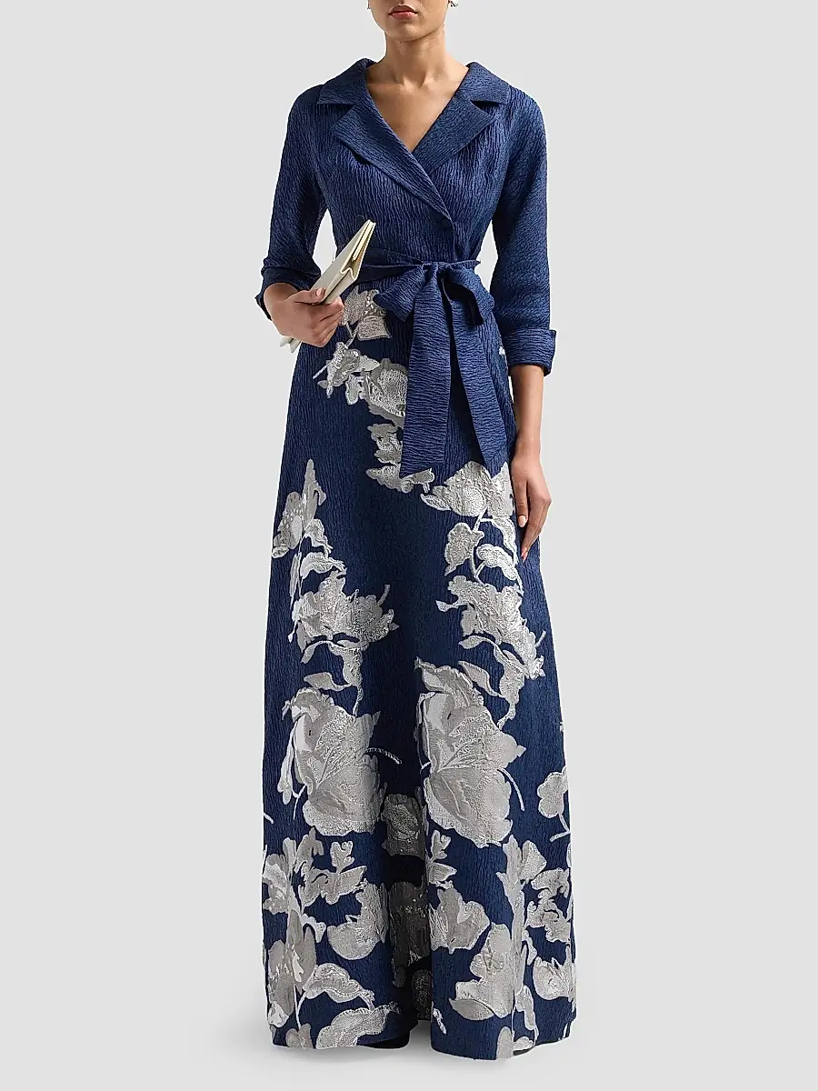 Teri Jon by Rickie Freeman Women's Textured Metallic Floral Jacquard Gown | Thumbnail 2 Teri Jon by Rickie Freeman Women's Textured Metallic Floral Jacquard Gown | Thumbnail 2