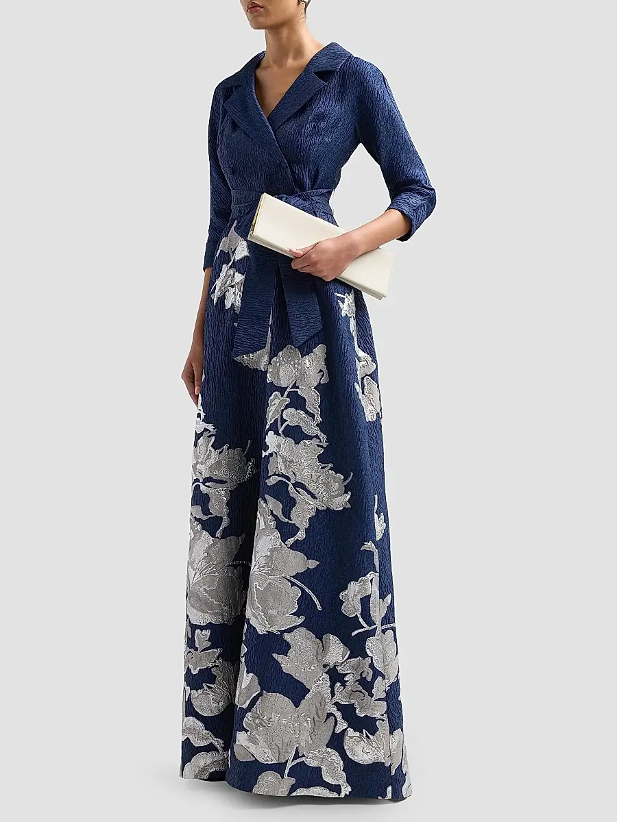 Teri Jon by Rickie Freeman Women's Textured Metallic Floral Jacquard Gown | Thumbnail 4 Teri Jon by Rickie Freeman Women's Textured Metallic Floral Jacquard Gown | Thumbnail 4