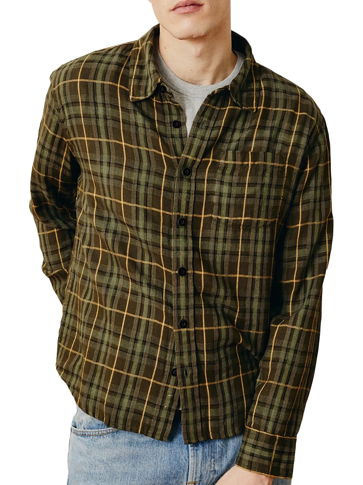 Men's Plaid Crinkle Cotton-Blend Button-Front Shirt Men's Plaid Crinkle Cotton-Blend Button-Front Shirt