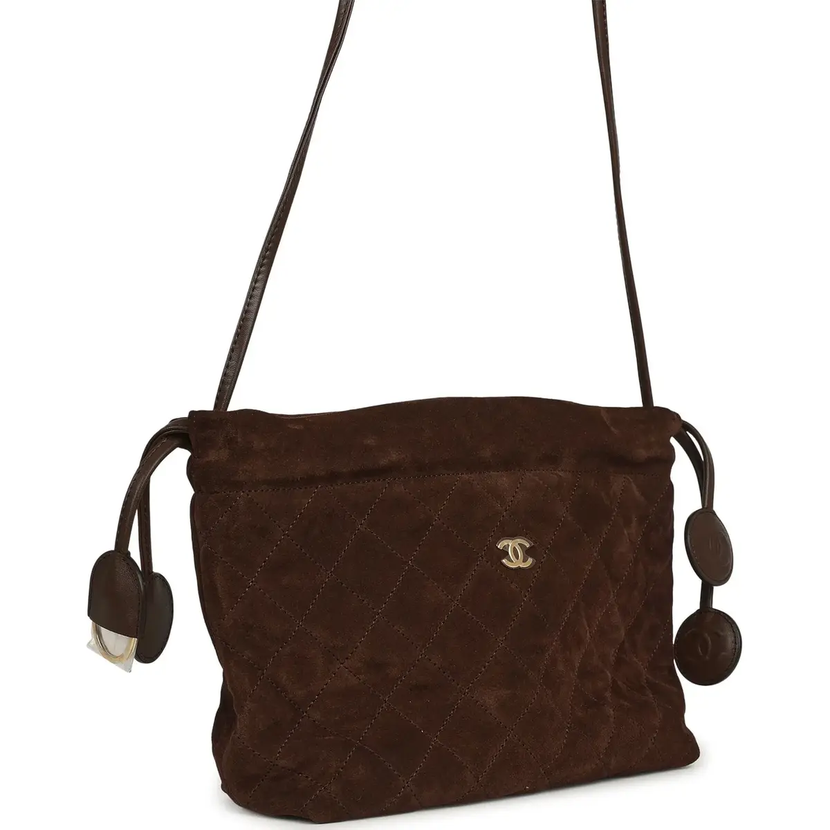 Chanel Chanel CC Drawstring Clutch Bag with Leather Strap Dark Brown Suede Gold Hardware | Thumbnail 2 Chanel Chanel CC Drawstring Clutch Bag with Leather Strap Dark Brown Suede Gold Hardware | Thumbnail 2