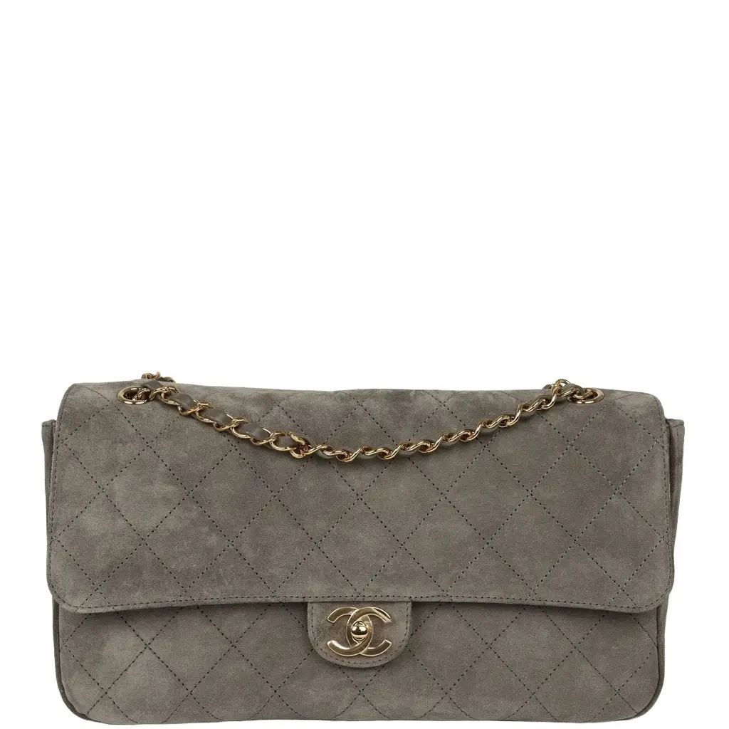 Chanel Chanel Maxi "Souplissimo" Small Flap Bag Dark Grey Suede Gold Hardware | Image 1 Chanel Chanel Maxi "Souplissimo" Small Flap Bag Dark Grey Suede Gold Hardware | Image 1