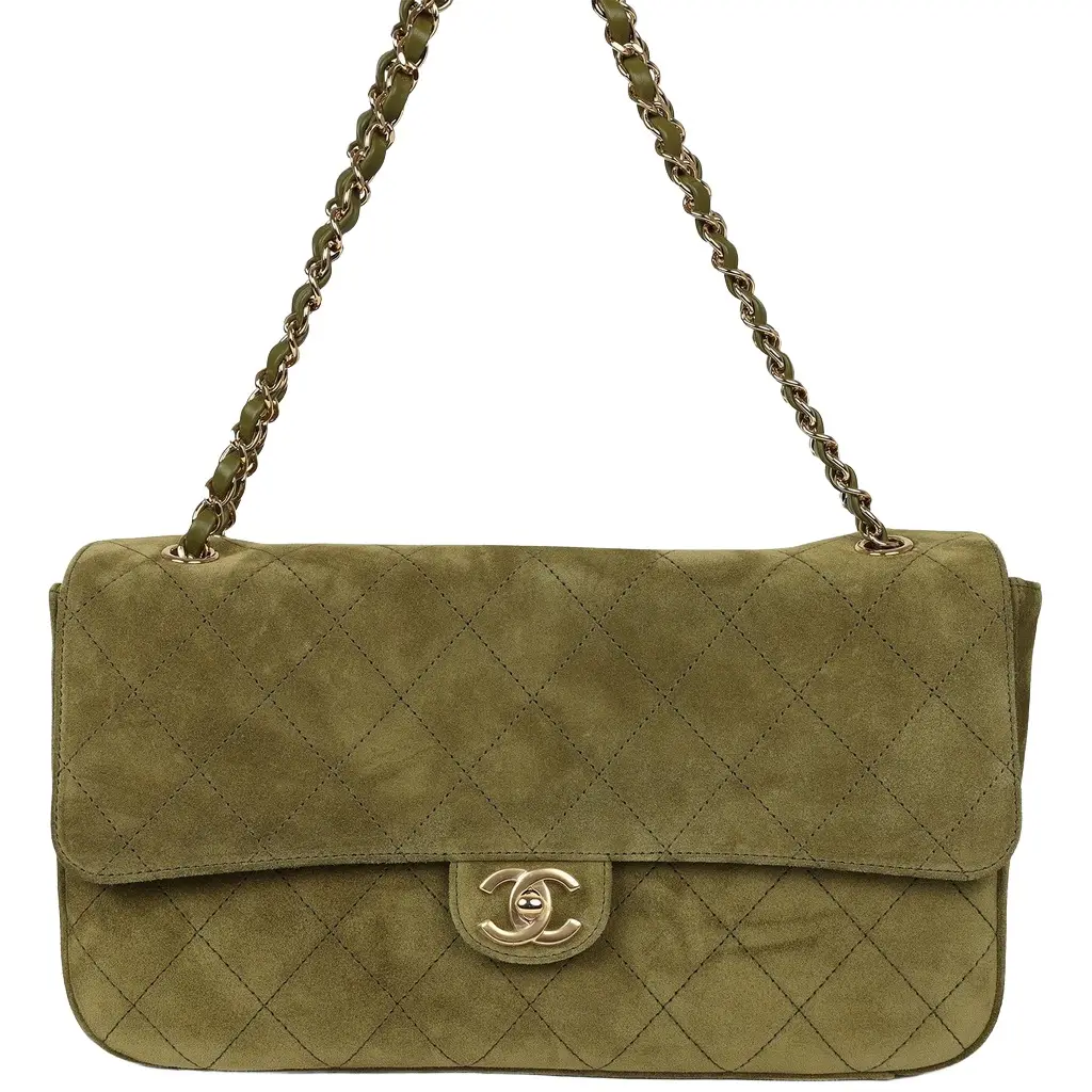 Chanel Chanel Maxi "Souplissimo" Small Flap Bag Khaki Suede Gold Hardware | Image 1 Chanel Chanel Maxi "Souplissimo" Small Flap Bag Khaki Suede Gold Hardware | Image 1