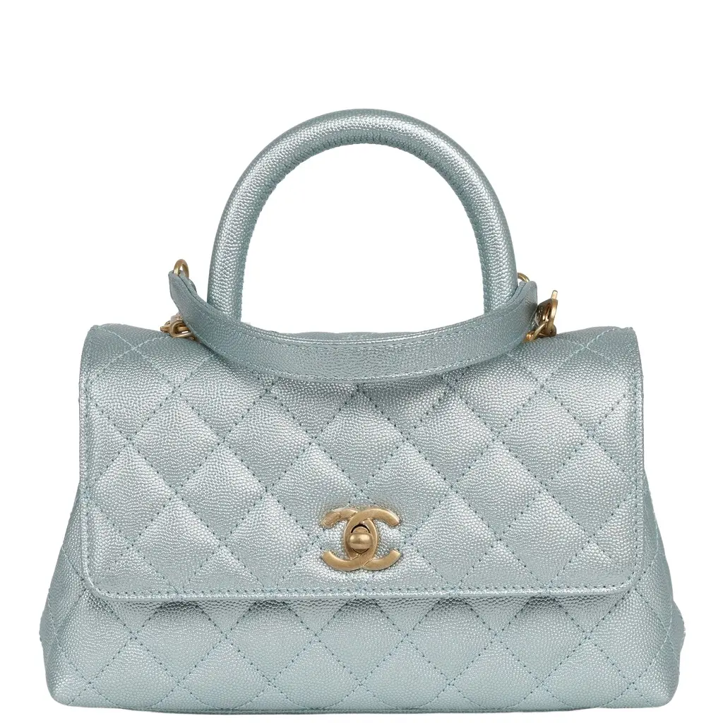 Chanel Chanel Small Coco Handle Flap Bag Light Blue Iridescent Caviar Antique Gold Hardware | Image 1 Chanel Chanel Small Coco Handle Flap Bag Light Blue Iridescent Caviar Antique Gold Hardware | Image 1
